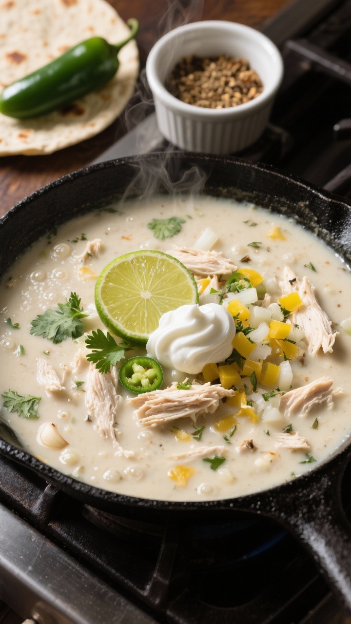 Overhead shot of a creamy skillet white chicken chili in a black cast-iron pan on a stovetop, velvety off-white broth with visible tender shredded chicken, finely chopped yellow onion, minced jalapeño (seeds removed), minced garlic, ground cumin and dried oregano speckling the surface, small bubbles along the edges suggesting gentle simmer; garnished with cilantro, a lime wedge, and a swirl of sour cream for sheen; side elements: a ramekin of cumin, a cut jalapeño, and warm tortillas; moody natural light, soft steam rising.