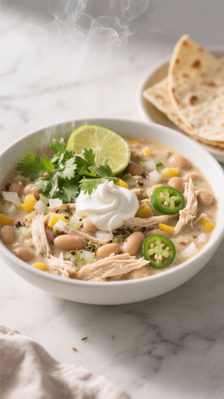 Overhead shot of a creamy weeknight white chicken chili in a wide white ceramic bowl on a light marble surface, showcasing tender shredded chicken, great northern beans, finely chopped yellow onion, minced jalapeño (a few visible seeds for heat), and minced garlic, with cumin and dried oregano flecks throughout; swirl of sour cream and a handful of chopped cilantro on top, lime wedges and warm tortillas on the side, steam gently rising; soft evening kitchen light, 30-minute weeknight vibe, clean and cozy styling, no people.
