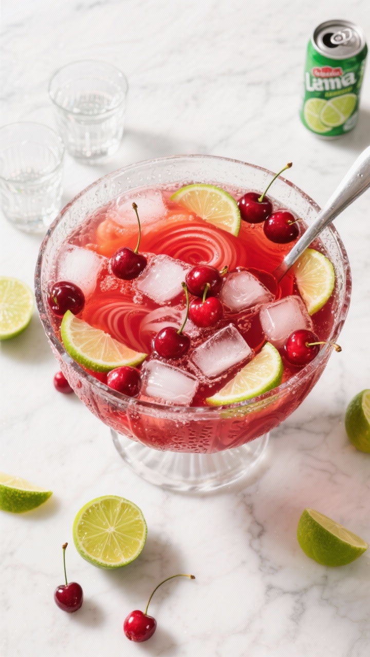 Overhead shot of a festive glass punch bowl filled with Classic Crowd-Pleaser Cherry Limeade Christmas Punch: ruby-red cherry juice blend swirled with crimson cranberry juice, bright limeade concentrate, and fizzy lemon-lime soda, garnished with thin lime wheels and maraschino cherries; clear ice cubes glinting, condensation on the glass; styled on a white marble surface with a ladle, matching short glasses, scattered fresh limes, and a can of thawed limeade concentrate nearby; bright holiday mood, clean highlights, professional studio lighting, no people.