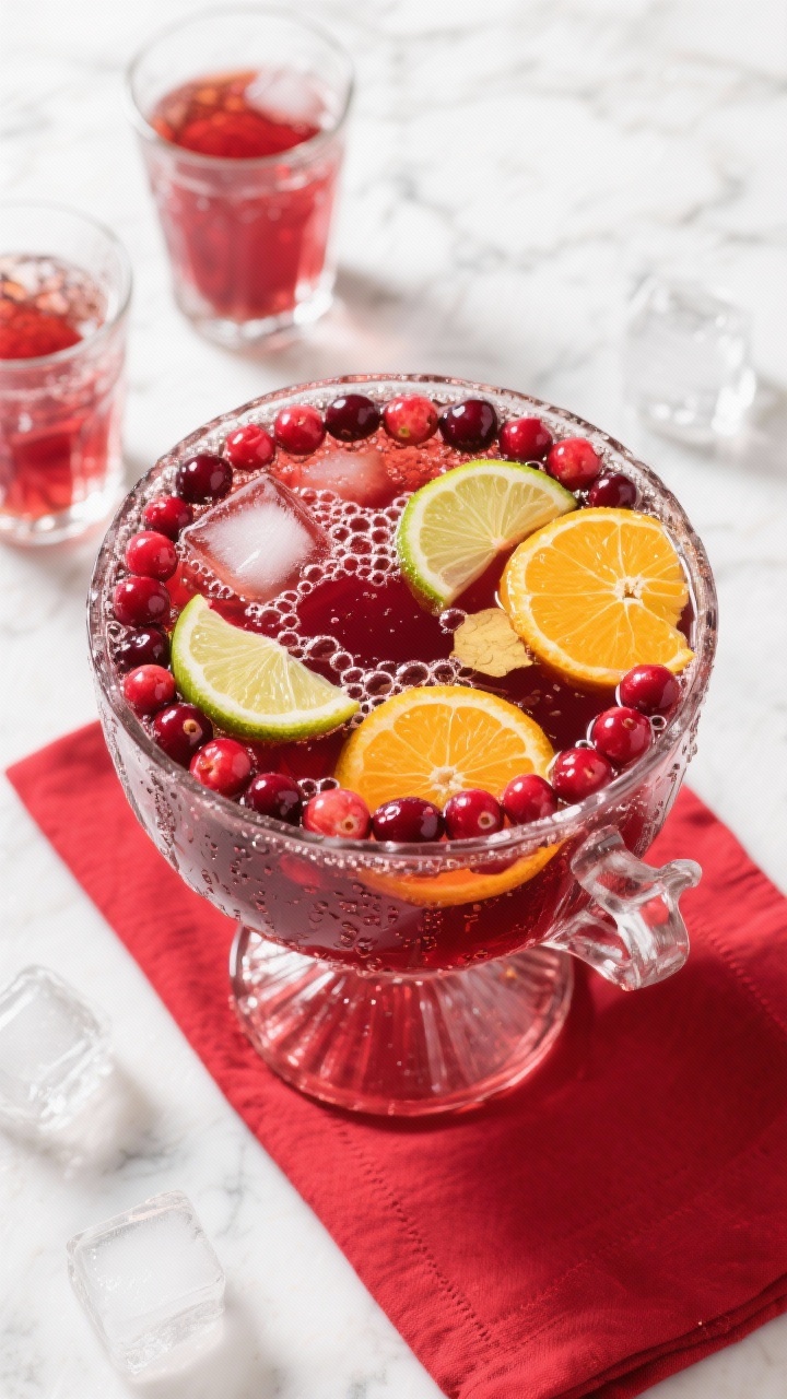 Overhead shot of a festive glass punch bowl filled with classic sparkling cranberry punch: deep ruby cranberry juice blended with bright orange juice and golden pineapple juice, topped with lively bubbles from chilled ginger ale and sparkling water, lime slices floating, a ring of fresh cranberries and thin orange wheels around the rim, condensation on clear highball glasses nearby, ice cubes glinting, styled on a white marble surface with a red linen napkin for holiday flair, crisp lighting emphasizing effervescence and jewel-toned colors.