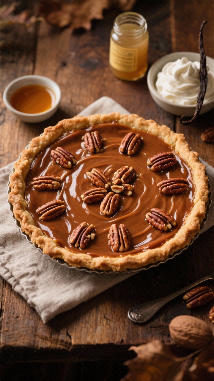 Overhead shot of a freshly baked brown butter pecan pie in a 9-inch flaky crust, glossy top packed with toasted pecans, subtle ripples from a corn syrup and dark brown sugar custard, warm amber tones; a small bowl of melting brown butter and a jar of light corn syrup off to the side, with a dollop-ready bowl of maple whip cream and vanilla pod nearby; styled on a warm wood table with a linen napkin, moody fall light, no people, crisp focus on the crack-free pie surface.