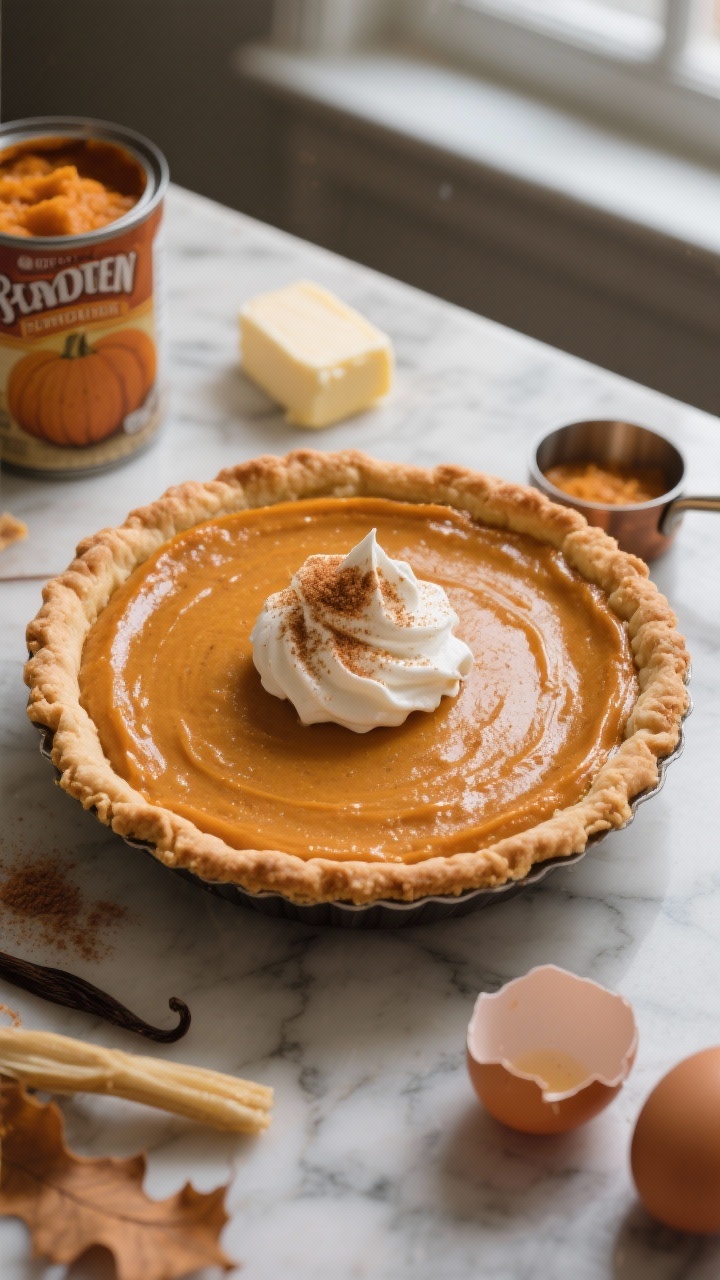 Overhead shot of a freshly baked brown butter pumpkin pie in a 9-inch flaky crust, silky pumpkin filling glistening, topped with a quenelle of maple whipped cream and a light dusting of brown sugar; visible ingredients styled around: a can of pumpkin puree, evaporated milk, vanilla extract, sticks of unsalted butter (one browned in a small saucepan), and two cracked eggs; warm fall tones on a marble surface, moody natural window light, crisp detail on the pie’s smooth custard and golden crust.