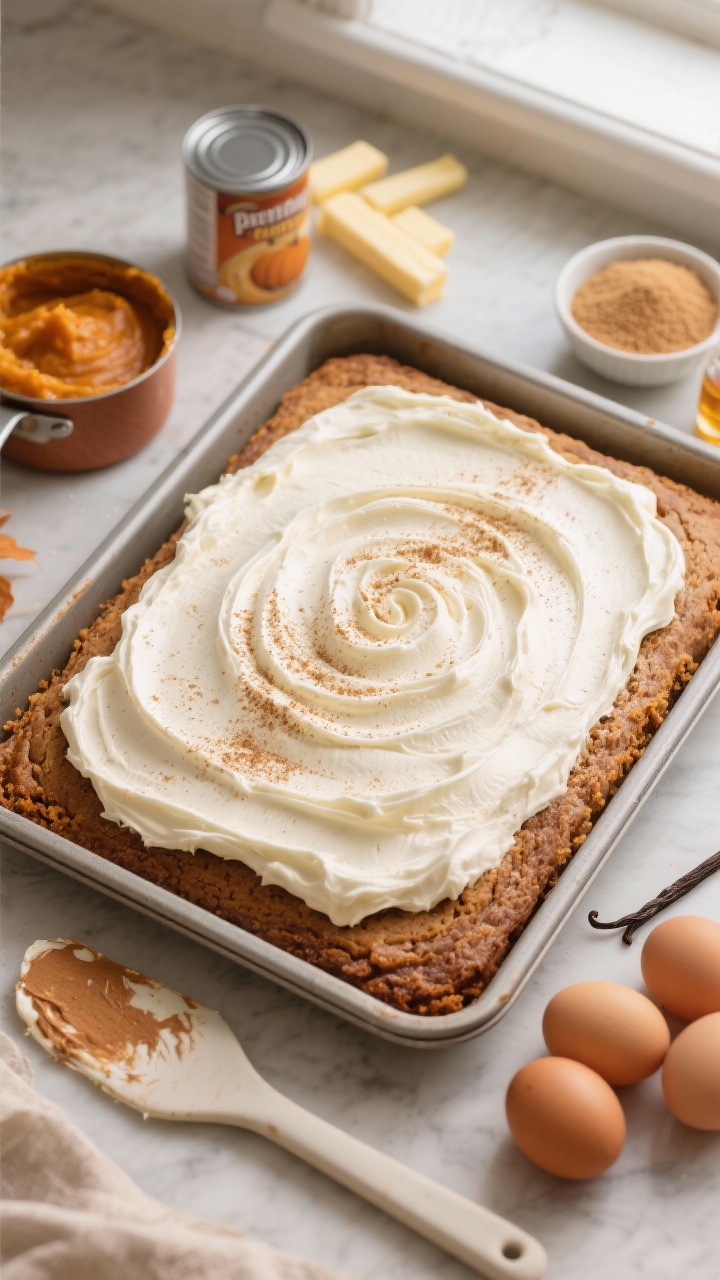Overhead shot of a freshly frosted brown butter pumpkin sheet cake in a rimmed baking pan, swirled maple cream cheese frosting with soft peaks, sprinkled with a light dusting of cinnamon. Include visible ingredients around the pan: a can of pumpkin puree opened, sticks of unsalted butter (one partially browned in a small saucepan), bowls of granulated and light brown sugar, four room-temp eggs, and vanilla extract. Warm autumn tones, soft window light, matte ceramic spatula with frosting smears, minimal props, focus on the velvety frosting and moist pumpkin crumb.