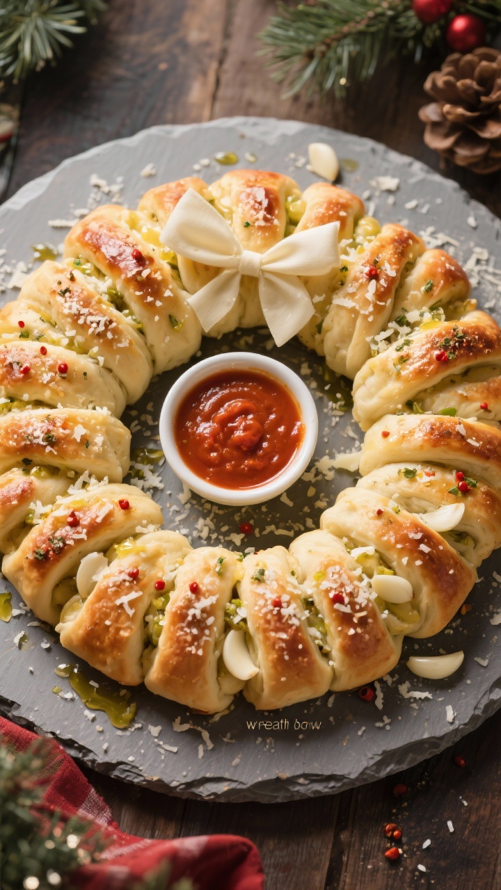 Overhead shot of a garlic-parmesan pull-apart knots wreath on a round baking stone: small pizza dough knots brushed with melted butter and olive oil infused with minced garlic, Italian seasoning, and a touch of crushed red pepper; glistening surface, grated Parmesan clinging in crevices, a small bowl of warm marinara in the center as a festive “wreath bow,” rustic holiday ambiance.