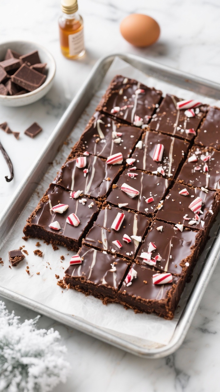 Overhead shot of a glossy Classic Fudgy Peppermint Bark Brownie slab on a parchment-lined metal sheet pan, crackly top with visible shards of crushed peppermint bark and snap lines, rich dark chocolate crumb from semi-sweet chocolate and butter base, flecks of granulated and brown sugar sheen, sliced into clean squares with a few crumbs scattered; include a small bowl of chopped semi-sweet chocolate, vanilla extract bottle, and room-temp eggs nearby; cool winter styling with a marble surface, soft side light to emphasize fudgy texture and crisp snap edges.