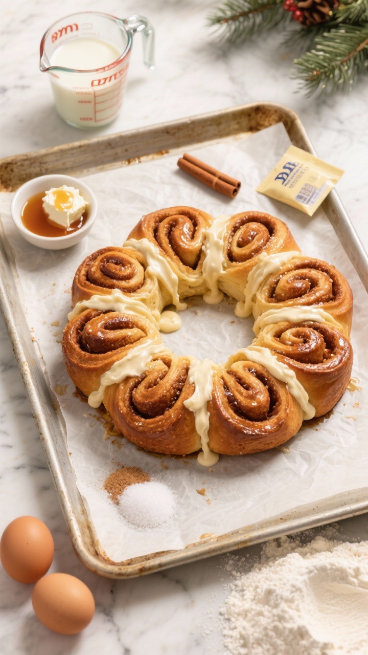 Overhead shot of a golden brown butter cinnamon roll wreath arranged in a perfect ring on a parchment-lined baking sheet, swirled layers glistening with maple cream cheese frosting dripping into crevices; include a small dish of maple syrup, a bowl with softened cream cheese, a stick of browned butter with nutty milk solids, and visible ingredients: warmed whole milk (110°F) in a measuring cup, a packet of instant yeast, granulated sugar, two room-temperature eggs, fine salt, and a dusting of all-purpose flour; styled on a light marble surface with warm morning light and a festive yet minimal Christmas mood.