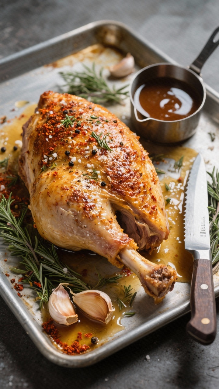 Overhead shot of a golden, crispy sheet-pan herb turkey breast, bone-in and skin-on, resting on a metal sheet pan with rendered juices for pan gravy pooling beneath. The skin is crackly and deeply browned with a rub of kosher salt, black pepper, garlic powder, onion powder, dried thyme, crushed dried rosemary, and paprika visibly speckled. Include roasted garlic cloves and herb sprigs as styling accents, a small saucepan of glossy pan gravy to the side, and a carving knife nearby. Neutral, moody lighting to highlight texture and shine; no people.