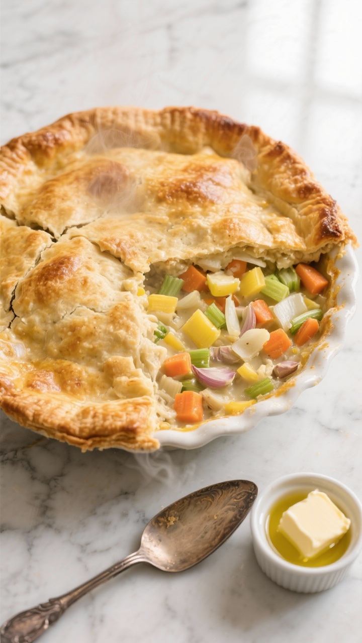 Overhead shot of a golden, family-style Weeknight Classic Chicken Pot Pie just out of the oven, flaky puffed crust deeply browned and cracked to reveal a creamy filling with finely diced yellow onion, diced carrots, diced celery, and minced garlic, with a buttery sheen. Style on a light marble surface with a vintage pie server, a small ramekin of unsalted butter pats, and a drizzle of olive oil in a tiny dish to hint at the sauté base. Steam rising subtly, warm weeknight comfort mood, natural window light, no people.