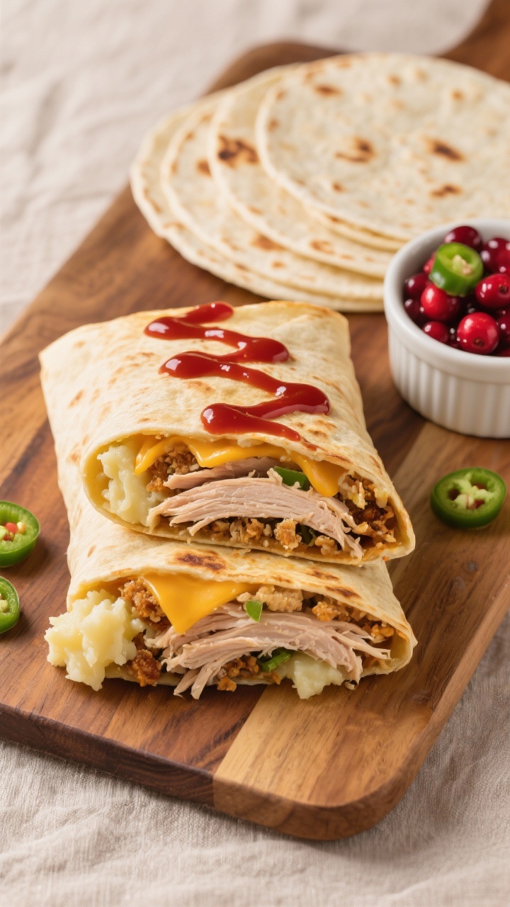 Easy Thanksgiving Leftover Recipes That Turn Yesterday’s Dinner Into Something New—and Irresistible Overhead shot of a golden, tightly folded turkey crunch wrap cut into halves to reveal layers of shredded cooked turkey, cold mashed potatoes, crumbled stuffing, and melted cheddar/pepper jack, finished with a glossy cranberry-jalapeño drizzle zigzag on top; four 10-inch flour tortillas visible in the scene with extra drizzle in a small ramekin, charred tortilla spots, crisp edges, styled on a warm wood board with a neutral linen, bright ruby cranberry sauce and green jalapeño flecks adding contrast, no people, professional lighting