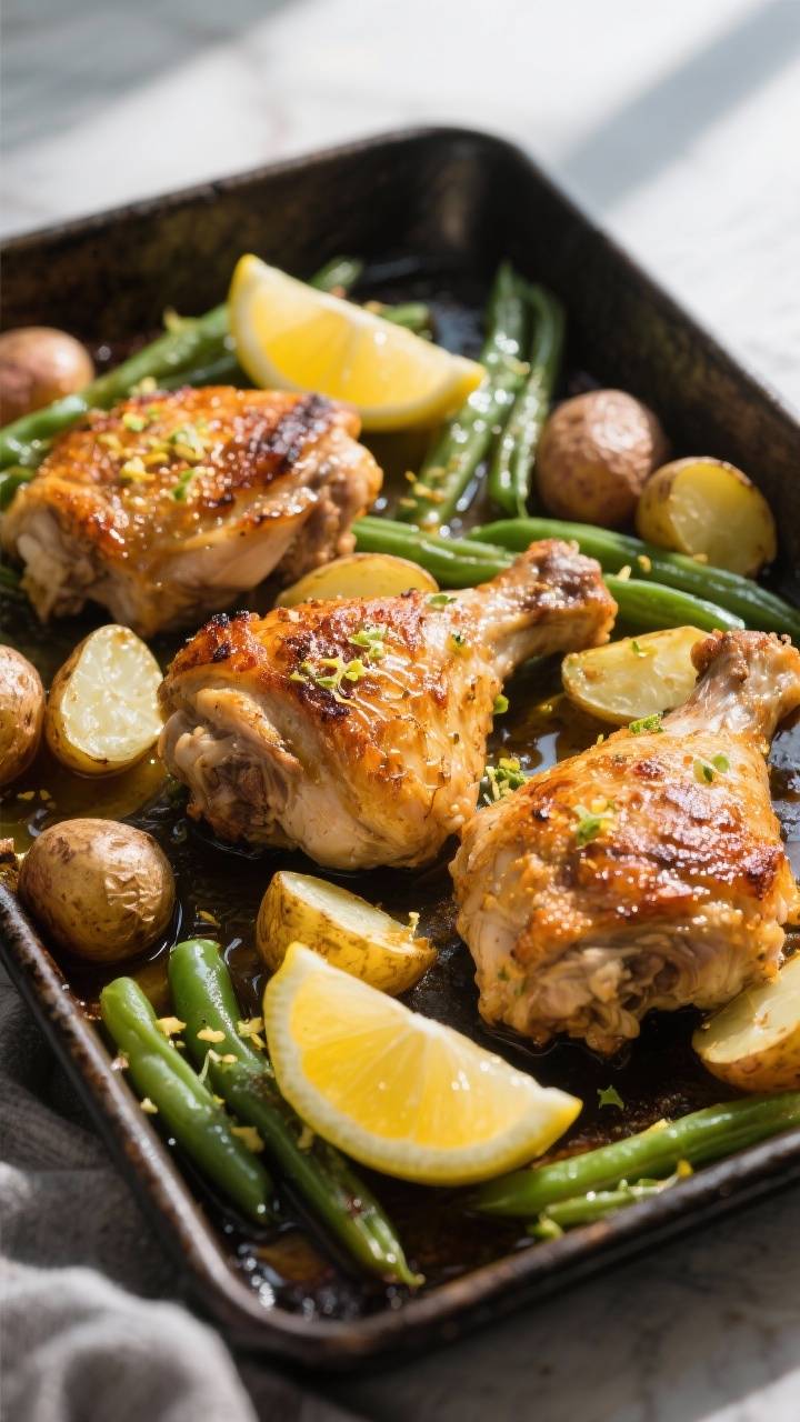 Overhead shot of a one-pan dinner straight from the oven: bone-in, skin-on chicken thighs with deeply golden, crackly skin nestled among halved baby potatoes and bright green beans. Lemon zest scattered over the pan, glossy lemon wedges tucked in, and a light sheen of olive oil pooling on a dark, well-seasoned sheet pan. Natural window light, high contrast to emphasize crispy textures and the fresh, citrusy mood.