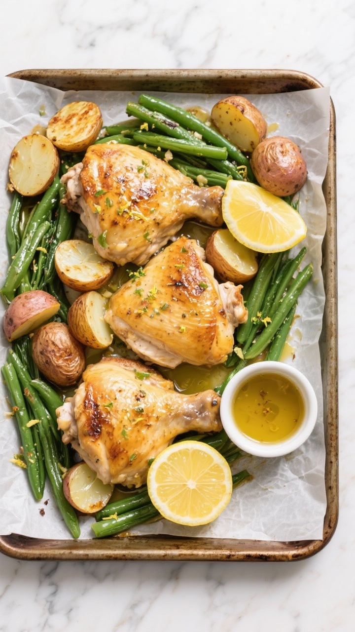 10 Easy One-pan Chicken Dinners for Busy Weeknights That Taste Like Weekend Treats Overhead shot of a one-pan lemon-garlic chicken dinner just out of the oven: golden boneless skinless chicken thighs nestled with halved baby potatoes and bright green beans, glistening with olive oil and melted butter, lemon zest sprinkled over, lemon wedges and a small ramekin of pan juices at the side; roasted caramelization on potatoes, vibrant greens, on a parchment-lined sheet pan on a light marble surface, crisp, natural daylight.