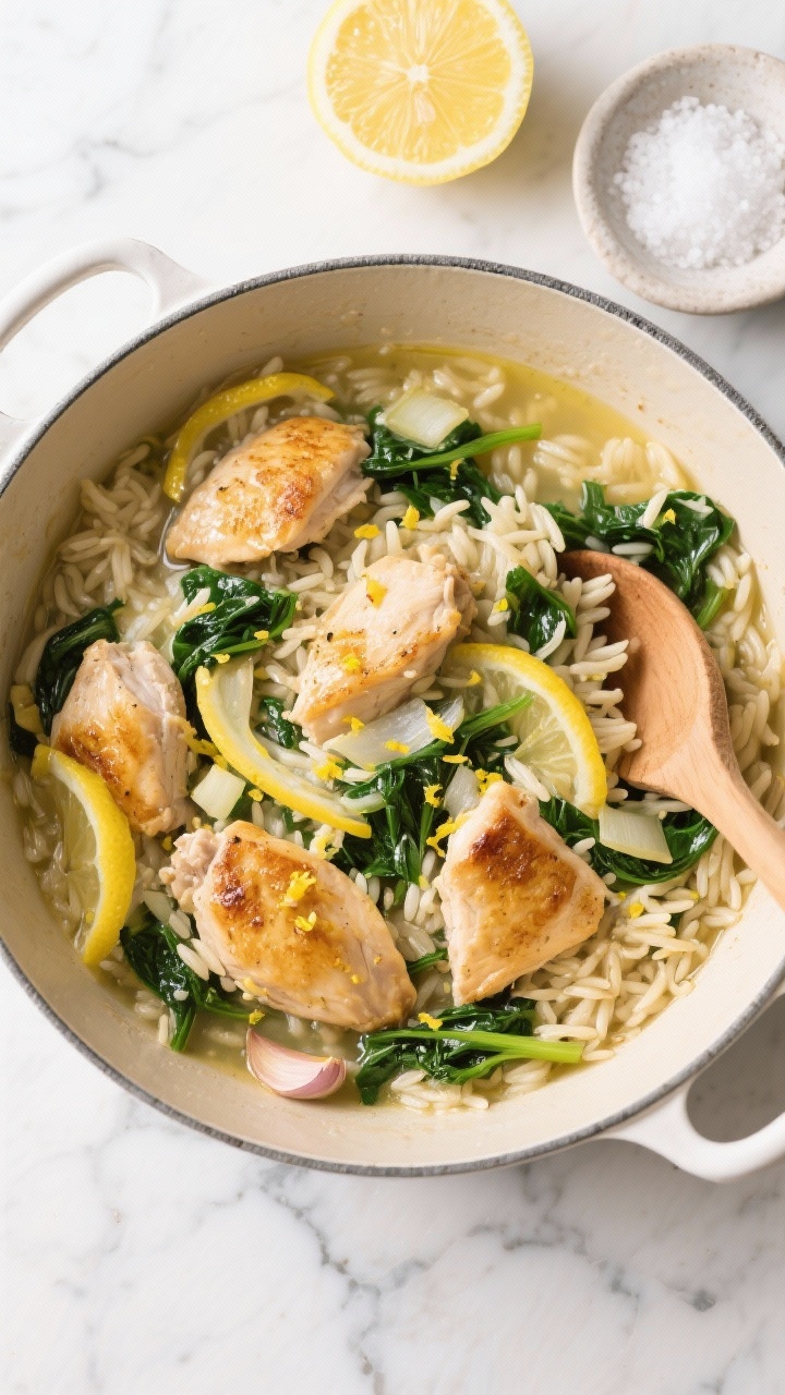 Overhead shot of a one-pot cozy lemon chicken orzo with greens: bite-size boneless skinless chicken thigh pieces seared golden, tender orzo shimmering in a light lemony broth, ribbons of wilted greens folded through, finely chopped yellow onion and minced garlic visibly dotting the dish, finished with lemon zest and a glossy extra-virgin olive oil sheen; styled in a wide enamel Dutch oven on a marble surface with a halved lemon, a small dish of kosher salt, and a wooden ladle; bright, clean lighting to emphasize the comforting, fresh vibe.