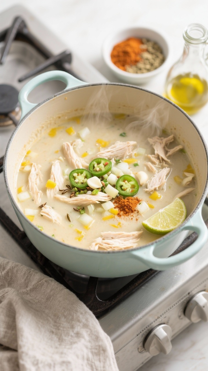 Overhead shot of a quick weeknight white chicken chili simmering in a light enamel saucepan on a stovetop: silky pale broth flecked with finely diced yellow onion, minced garlic, seeded minced jalapeño, cumin, and chili powder, tender shredded chicken visible; steam rising. Style with a small bowl of cumin and chili powder, a drizzle of olive oil in a glass cruet, lime wedge off to the side, and a neutral linen. Clean, bright lighting to emphasize speed and simplicity; no people, tight composition on the pot.