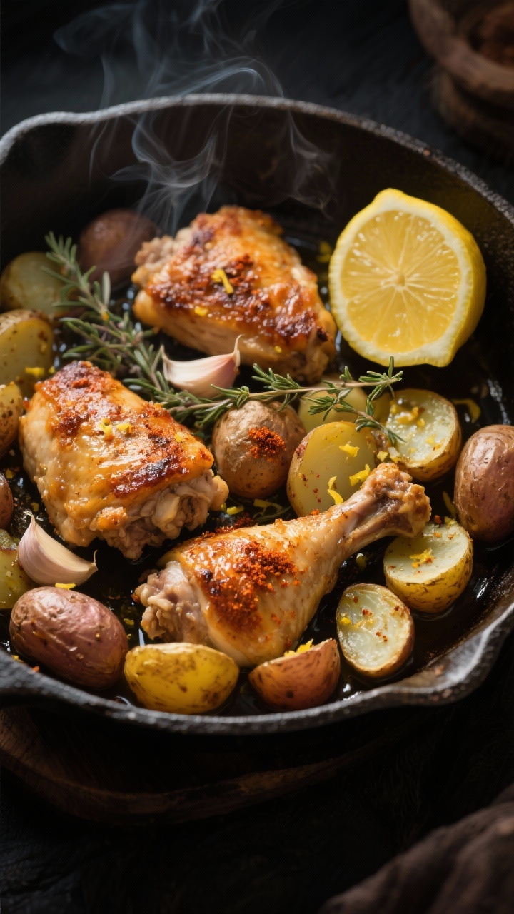 7 One-pan Dinners That Make Clean-up Effortless (and Weeknights Easier) Overhead shot of a rustic cast-iron skillet filled with crispy, golden-brown bone-in, skin-on chicken thighs nestled among halved baby potatoes, glistening with olive oil. Visible flecks of lemon zest, smashed garlic cloves, smoked paprika dusting, and dried thyme sprinkled over everything; a cut lemon with juices pooling on the side. Dark moody backdrop, crisp skin texture emphasized, steam faintly rising, no people.
