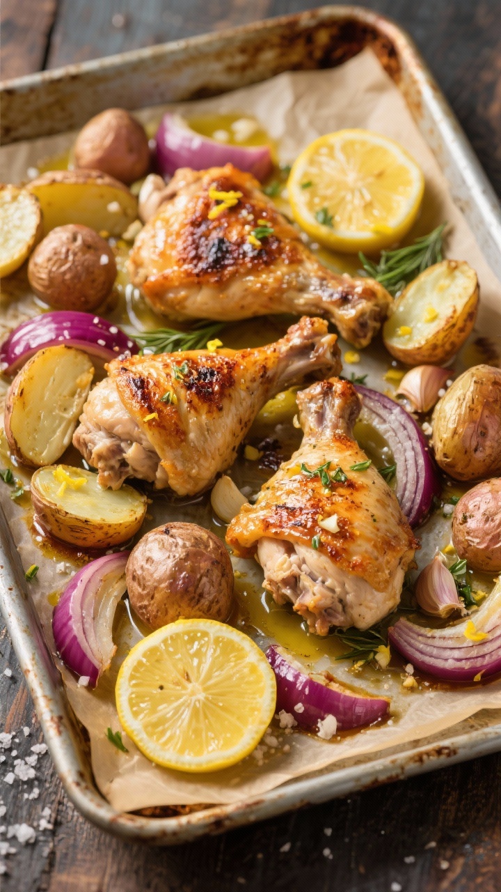 Overhead shot of a rustic sheet pan fresh from the oven: bone-in, skin-on chicken thighs with deeply rendered, blistered skin nestled among halved baby potatoes and thick wedges of red onion; lemon slices caramelized at the edges with bright lemon zest scattered over; minced garlic visibly browned on the potatoes; glistening with olive oil, herbs, and coarse salt on a parchment-lined pan atop a worn metal tray, warm golden light enhancing crispy textures.