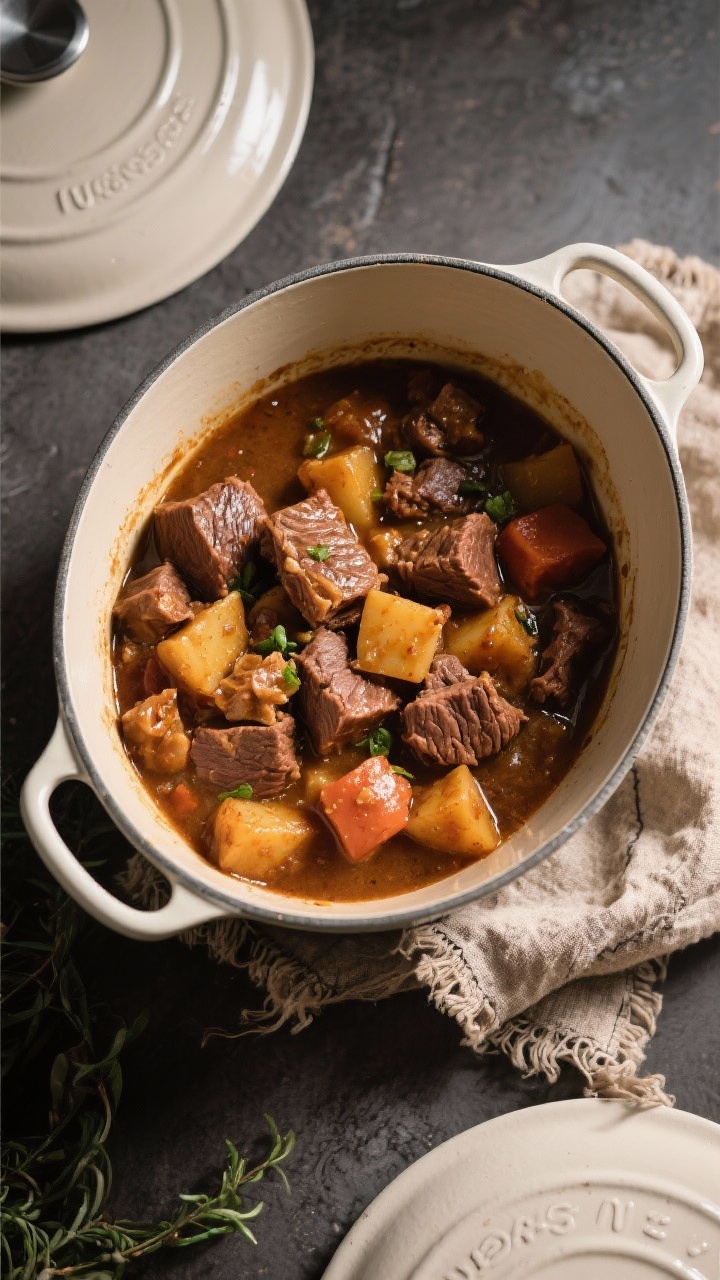 Overhead shot of a rustic slow-cooker classic beef stew just finished, in a wide enameled Dutch oven: tender