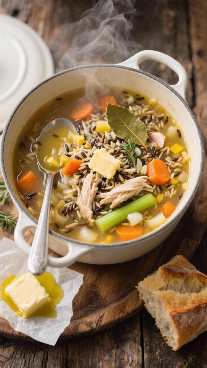 Overhead shot of a rustic white Dutch oven filled with Classic Cozy Chicken & Wild Rice Soup: tender shredded chicken, visible long-grain wild rice, diced yellow onion, celery, and carrot bathed in a clear golden chicken broth with glistening butter and olive oil sheen; minced garlic bits, thyme flecks, and bay leaf peeking through; steam rising; styled on a worn wooden table with a ladle, butter pat on parchment, olive oil dribble, and a side of crusty bread; cozy, warm lighting emphasizing orange carrots, green celery, and speckled wild rice, no people, professional, appetizing.