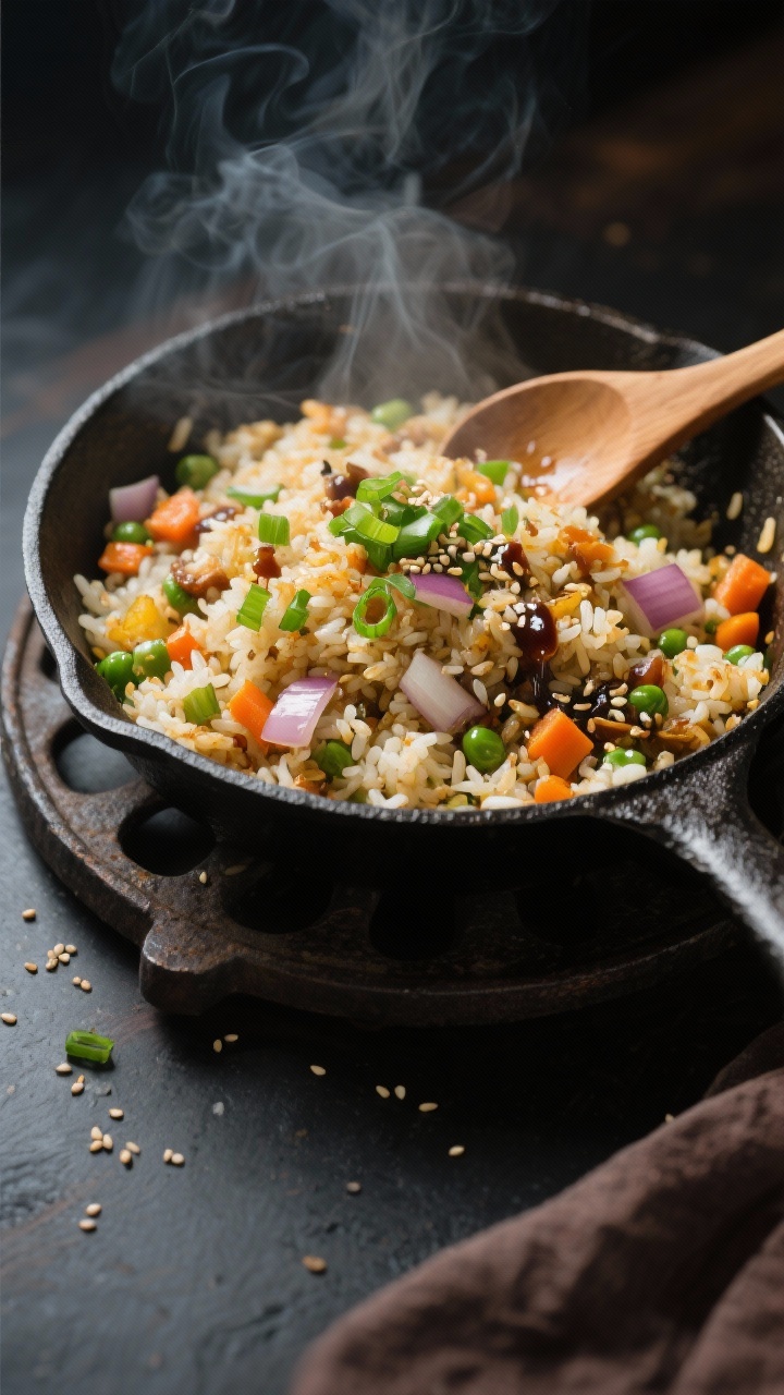 Easy and Creative Leftover Recipes for Busy Weeknights You’ll Crave Again Overhead shot of a sizzling “everything” fried rice skillet: cold leftover cooked rice crisping in a carbon-steel pan with neutral oil, diced onion, chopped mixed leftover veggies like carrots and peas visibly caramelizing, flecks of soy sauce sheen, scattered scallion greens and sesame seeds, steam rising. Set on a dark cast-iron trivet with a wooden spoon resting on the edge; moody side light to emphasize crispy, golden rice edges and vibrant veggie colors.