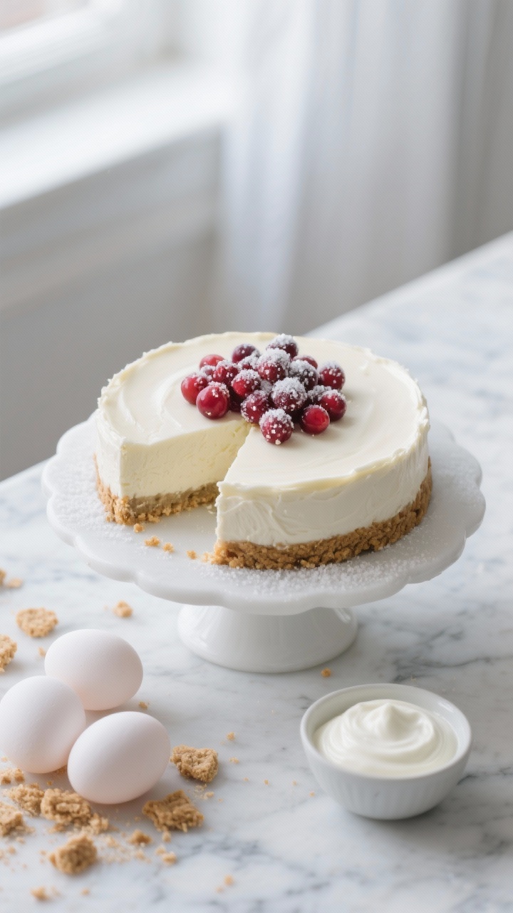 Overhead shot of a sparkling cranberry white chocolate cheesecake on a white cake stand: buttery graham cracker crust (1 1/2 cups crumbs, 1/4 cup sugar, melted butter) visible at the edges, ultra-smooth cream cheese filling with white chocolate sheen, topped with sugared cranberries and a light dusting of granulated sugar for sparkle; slice removed to reveal creamy interior; styled on a marble surface with scattered graham crumbs and a small bowl of sour cream and three whole eggs nearby; cool winter palette, soft natural window light, crisp highlights, no people.