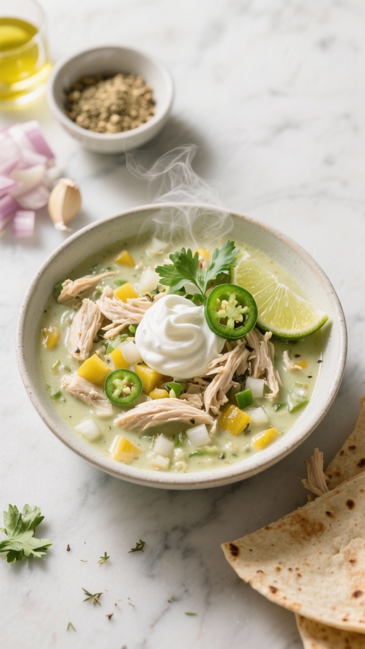 Overhead shot of a steaming bowl of Weeknight Creamy White Chicken Chili on a light marble surface: tender shredded chicken in a creamy pale-green broth flecked with diced yellow onion, minced jalapeño, and garlic; visible cumin and dried oregano speckles; topped with a swirl of sour cream, cilantro leaves, thin jalapeño rounds, and a squeeze of lime. Surround with a small bowl of cumin, minced garlic, diced onion, warm tortillas, and a drizzle of olive oil. Soft evening kitchen light, shallow shadows, ultra-appetizing, professional styling.