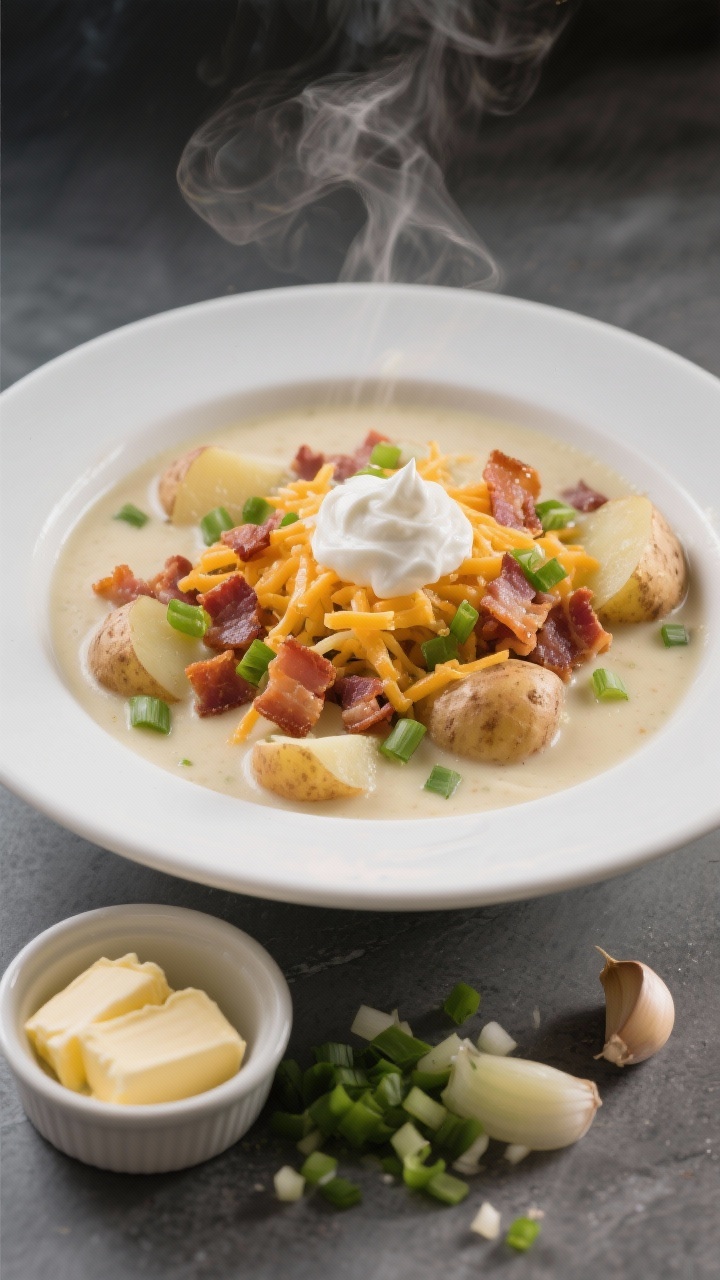 Overhead shot of a steaming, classic creamy loaded potato soup in a wide white bowl on a matte slate surface, garnished generously with crisp diced thick-cut bacon, shredded cheddar, sliced green onions, and a dollop of sour cream; visible chunks of tender russet potatoes in a velvety base, with a side ramekin of butter pats, finely chopped yellow onion, and minced garlic scattered for context; soft winter evening light, subtle steam, no people, cozy homestyle mood.