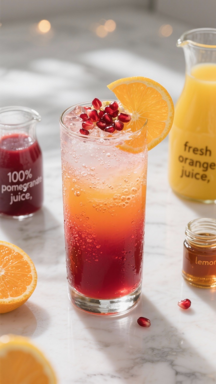 Overhead shot of a tall, chilled highball glass filled with a sparkling pomegranate sunrise mocktail: deep ruby pomegranate juice layered with bright fresh orange juice, a hint of lemon, and micro-bubbles, optional maple syrup glistening on the rim. Garnish with a thin orange wheel and pomegranate arils, condensation on the glass. Surround with small carafes labeled “100% pomegranate juice,” “fresh orange juice,” “lemon,” and a tiny jar of maple syrup on a white marble surface with soft morning light and festive bokeh.