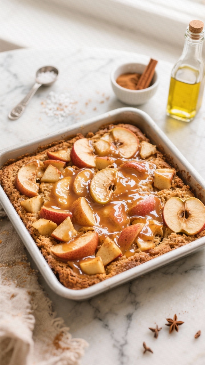 Overhead shot of a warm cider-glazed apple snack cake in a square pan on a marble surface, glossy cider glaze pooled in the cracks, visible tender crumb with diced apple pockets, dusting of ground cinnamon and nutmeg on top, a small bowl of cinnamon and a pinch of fine salt nearby, a bottle of neutral oil and measuring spoons for baking powder and baking soda in frame; cozy autumn tones, soft diffused window light, no people, professional appetizing styling.