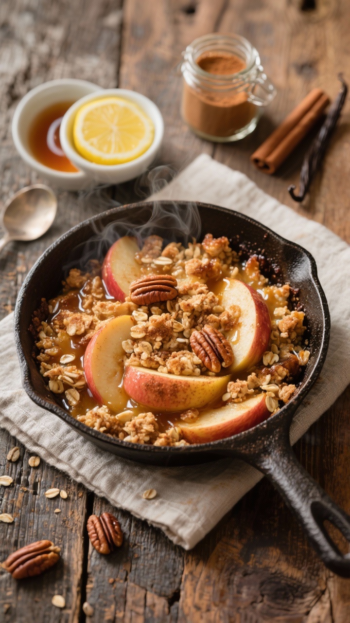 Healthy Vegan Thanksgiving Desserts Packed With Fall Flavor You’ll Crave All Season Overhead shot of a warm maple-pecan apple crisp just out of the oven: golden, cinnamon-dusted apple slices (Honeycrisp/Pink Lady/Granny Smith) bubbling with maple syrup and vanilla beneath a chunky pecan-oat crumble. Include a small bowl of fresh lemon juice, a drizzle of pure maple syrup, a jar of ground cinnamon, and a vanilla vial off to the side for context. Style in a rustic cast-iron skillet on a worn wooden table with a linen napkin; capture steam and glossy apple juices, rich autumnal tones, no people.