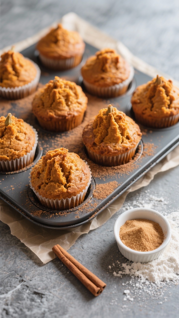 Pumpkin Muffins You’ll Crave All Year Long Overhead shot of bakery-style pumpkin muffins with sky-high domed tops on a parchment-lined dark muffin tin, cinnamon-sugar dusting visible. Include a small bowl of ground cinnamon, a ramekin with mixed granulated and light brown sugar, and a sprinkle of flour on a cool gray stone surface. Emphasize tall, craggy muffin crowns and warm orange crumb; soft natural window light, shallow shadows, no people, professional food styling.