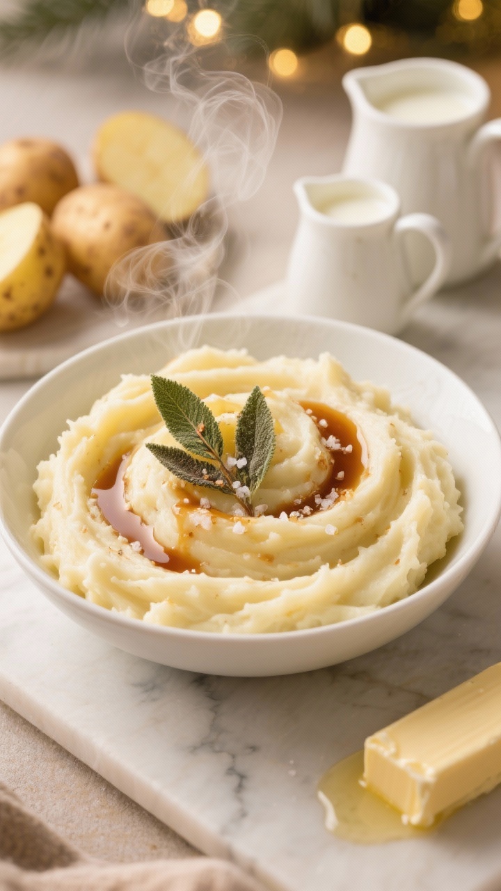 Overhead shot of Brown-Butter Sage Mashed Potatoes in a wide, shallow white ceramic bowl, swirled and topped with a glossy puddle of brown butter and crispy fried sage leaves, flecks of kosher salt visible; warm milk and heavy cream in small pitchers and a stick of unsalted butter partially melted nearby, peeled Yukon Gold potato chunks in the background for context; styled on a light marble surface with soft, golden holiday lighting, steam gently rising to emphasize creamy texture.