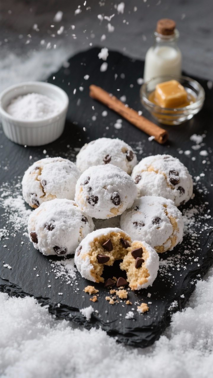 Overhead shot of browned-butter chocolate chip snowball cookies arranged in a snowy cluster on a dark slate, each round coated in a generous dusting of powdered sugar, with one broken open to reveal melty mini chocolate chips and sandy, tender crumb; include a small ramekin of powdered sugar, a stick of browned butter in a glass dish with toasty milk solids, vanilla extract bottle, and a light snowfall of sugar captured mid-air; moody winter lighting, shallow depth of field, no people.