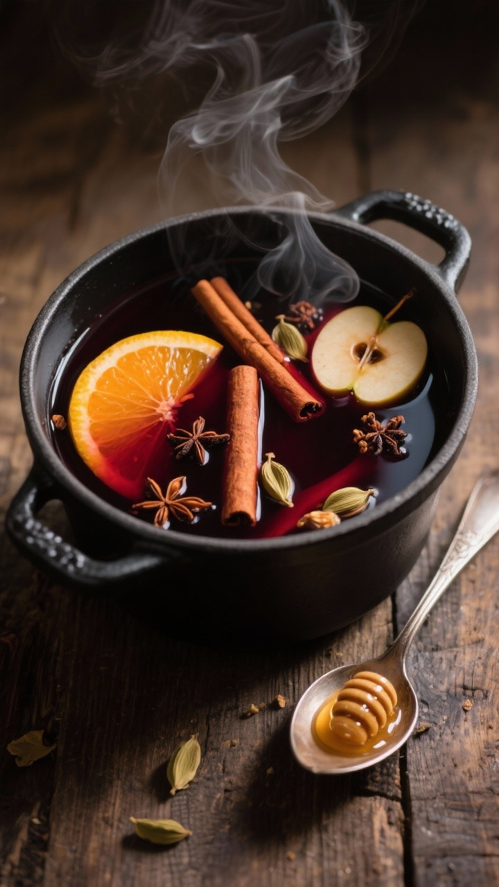 10 Festive Thanksgiving Drinks Everyone Will Love (and Ask You for the Recipe) Overhead shot of Chai-Spiced Mulled Wine simmering in a matte black pot: deep garnet red wine and apple cider infused with orange slices, cinnamon sticks, whole cloves, and lightly crushed cardamom pods, a drizzle of honey pooling on a spoon nearby; steam curling up, ladle resting at the edge; cozy, aromatic, low-contrast lighting on a wooden surface.