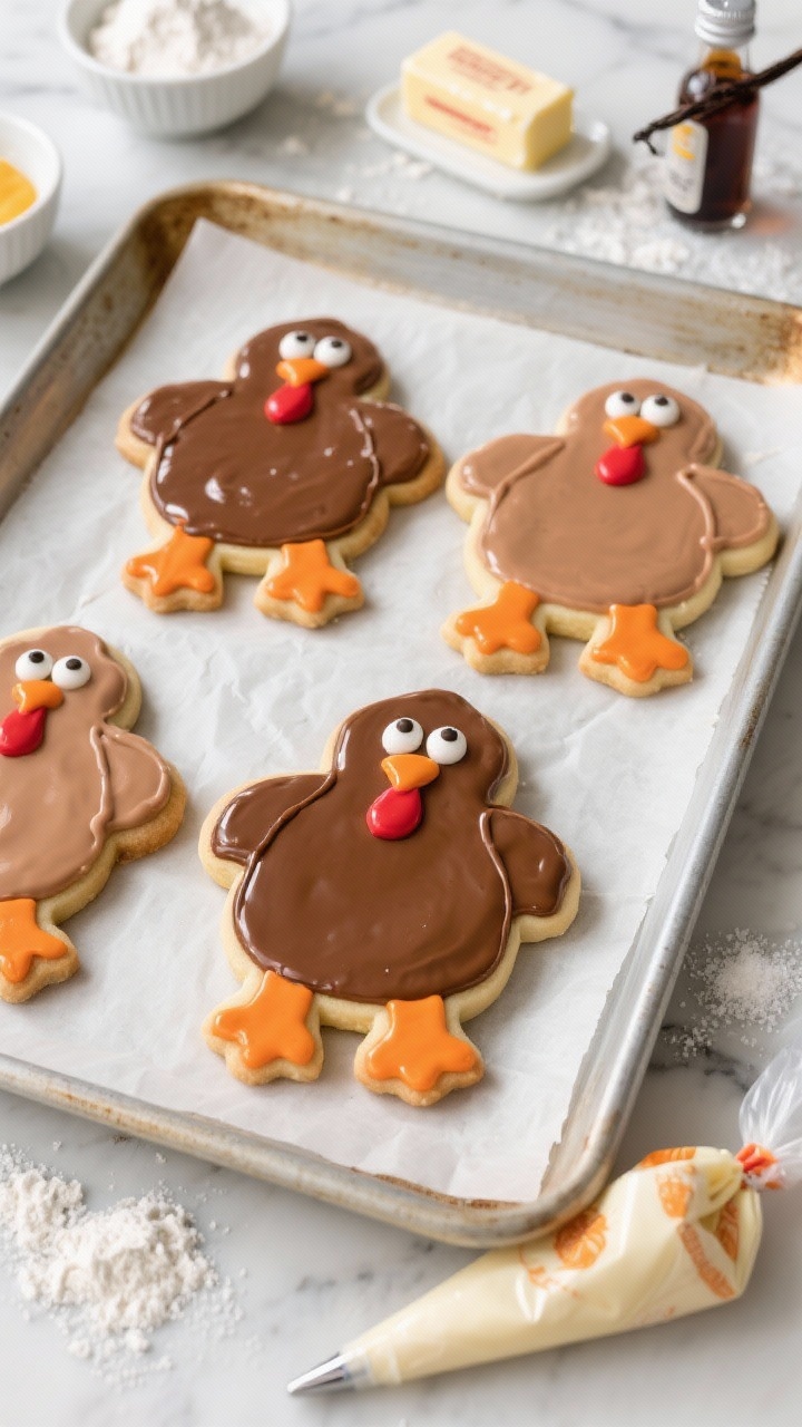 Overhead shot of chubby turkey-shaped sugar cookies on a parchment-lined baking sheet, glossy easy icing in fall colors (brown body, orange beak and feet, red wattle, candy eyes), with small bowls of royal icing piping bags, scattered all-purpose flour, a stick of softened butter wrapper, vanilla extract bottle, and a dusting of granulated sugar on a light marble surface.
