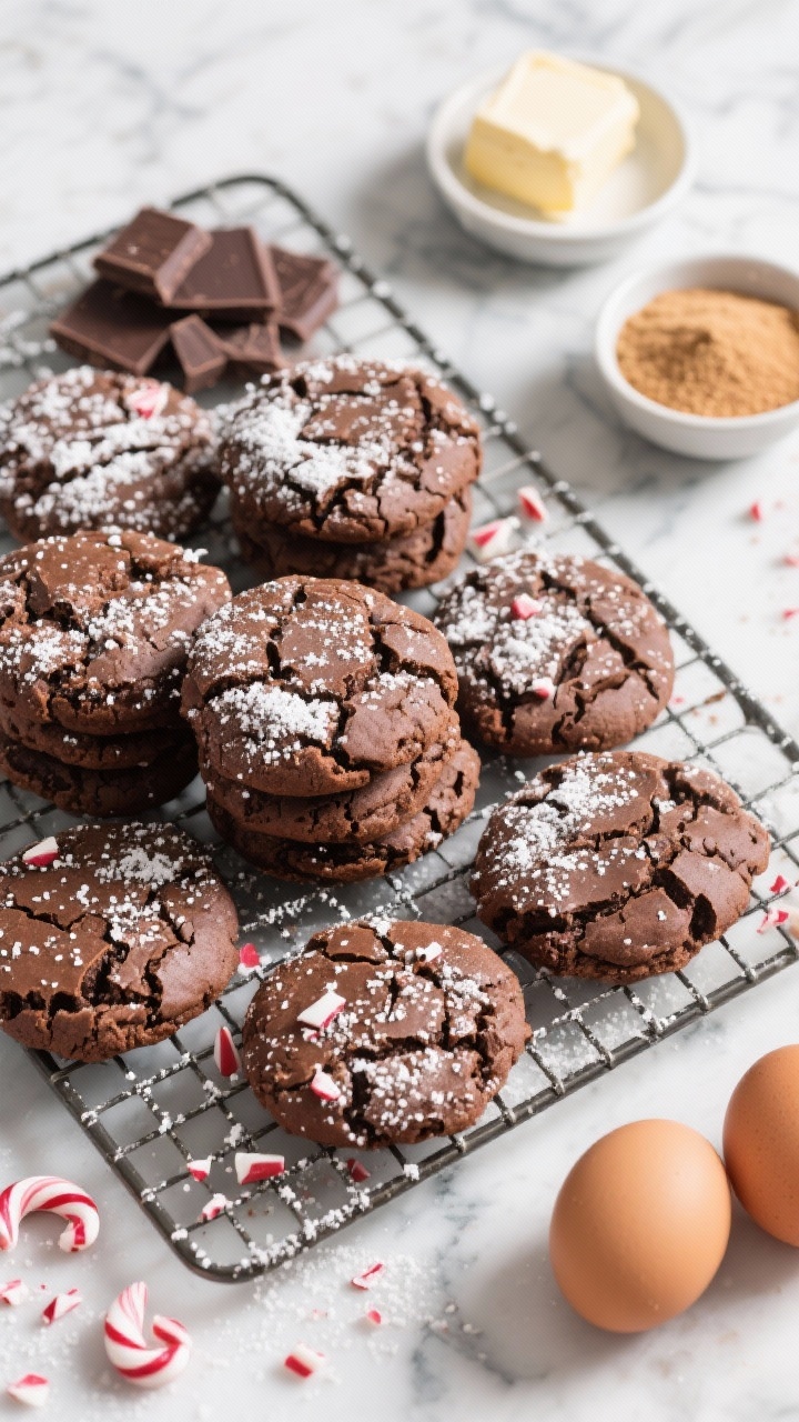 Christmas Brownie Cookies: the Cutest Holiday Treat You’ll Bake All Season Overhead shot of Classic Crackle Brownie Cookies With Peppermint Snow: a cooling rack piled with crackly-topped semisweet chocolate brownie cookies, dusted generously with powdered “peppermint snow” and scattered crushed peppermint candy. Include key ingredients styled around the rack—chopped semisweet chocolate, a pat of unsalted butter, small bowls of granulated and light brown sugar, and two room-temperature eggs—on a cool marble surface with a light holiday vibe. Crisp highlights on the crackle texture, shallow shadows, no people, professional studio lighting.