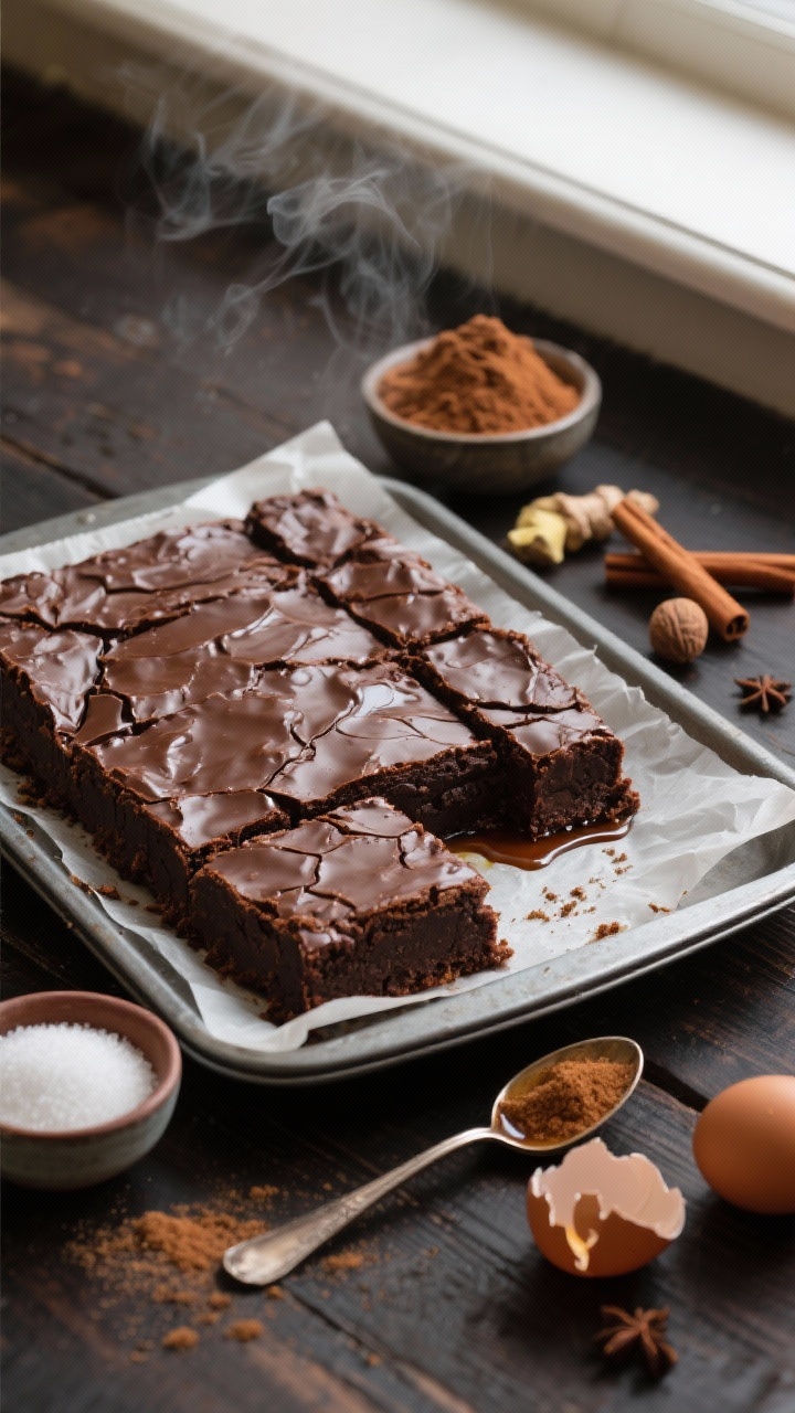 Overhead shot of Classic Fudgy Gingerbread Spice Brownies cooling on a parchment-lined metal pan, deep crackly tops with a glossy sheen, rich dark chocolate color from 4 oz 60–70% chocolate and 1/2 cup butter, fudgy interior visible in a corner slice, warm holiday mood. Style with a small bowl of granulated sugar, a heap of dark brown sugar, a drizzle of unsulfured molasses in a spoon, and two cracked egg shells on the side. Include whole spices suggestive of gingerbread (ground ginger in a pinch bowl, cinnamon sticks, nutmeg), set on a dark wood surface with soft window light and gentle steam for cozy fireplace vibes.
