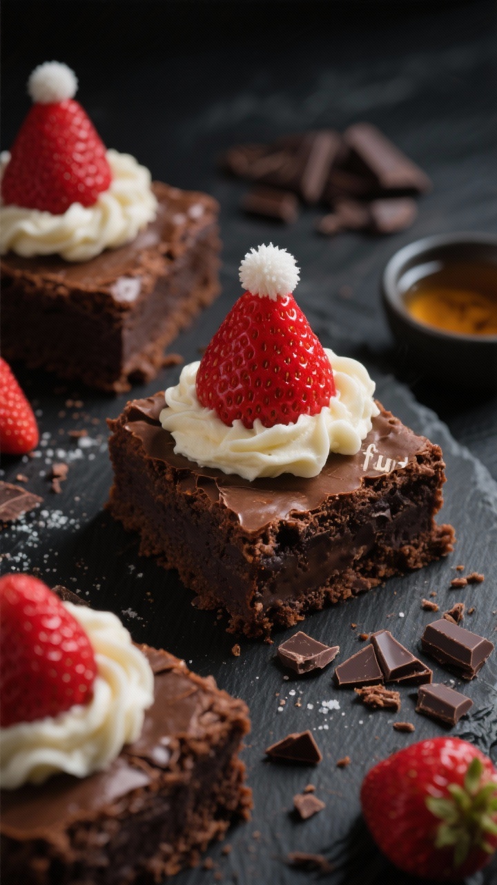 Overhead shot of classic fudgy Santa Hat brownies on a matte black slate, each square topped with a swirl of vanilla frosting “fur” and a glossy red strawberry cap with a tiny frosting pom-pom; visible textures of crackly brownie tops from melted unsalted butter and semisweet chocolate, rich cocoa crumb, and a slight sheen from the sugar; scattered chopped semisweet chocolate and a small bowl of vanilla extract nearby; moody, contrasty lighting to emphasize the dense fudgy interior; no people, tight styling with crumbs and a few whole strawberries.