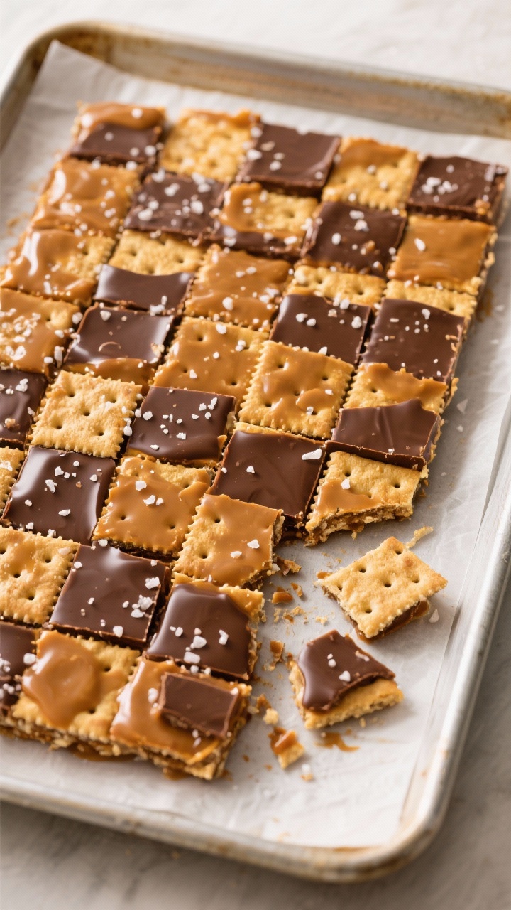 Overhead shot of classic salted chocolate cracker toffee on a 10x15-inch rimmed baking sheet lined with parchment: a tight mosaic of saltine crackers coated in glossy golden-brown butter–light brown sugar toffee, topped with a smooth, shiny dark chocolate layer and a light sprinkle of flaky sea salt; broken shards on the side to show crisp layers; warm holiday mood, soft window light, minimal props.
