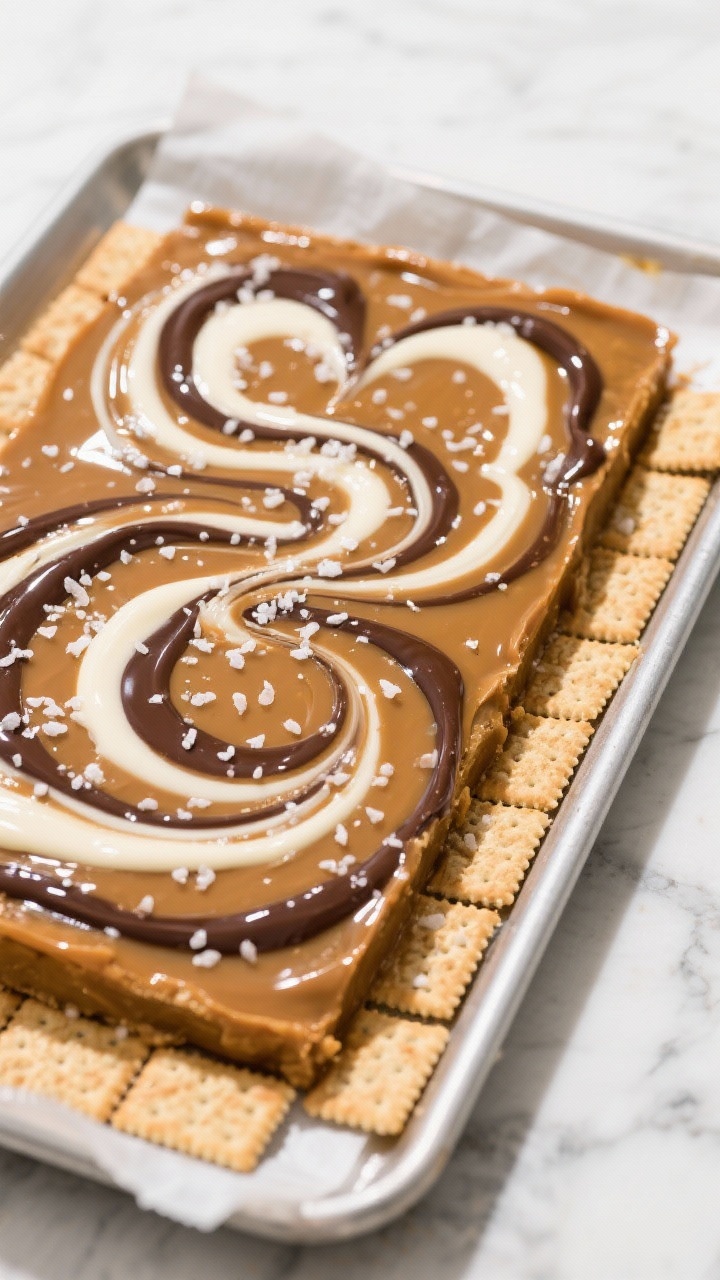Overhead shot of Classic Triple-Swirl Toffee cooling on a parchment-lined 10x15-inch sheet pan: a glossy toffee base made from bubbling unsalted butter and packed light brown sugar, topped with melted white, milk, and dark chocolate swirled into marbled ribbons, flecks of flaky sea salt catching the light; edges show a grid of salted saltine crackers peeking through; clean marble surface, soft diffused window light, crisp focus on the shiny swirl texture, no people.