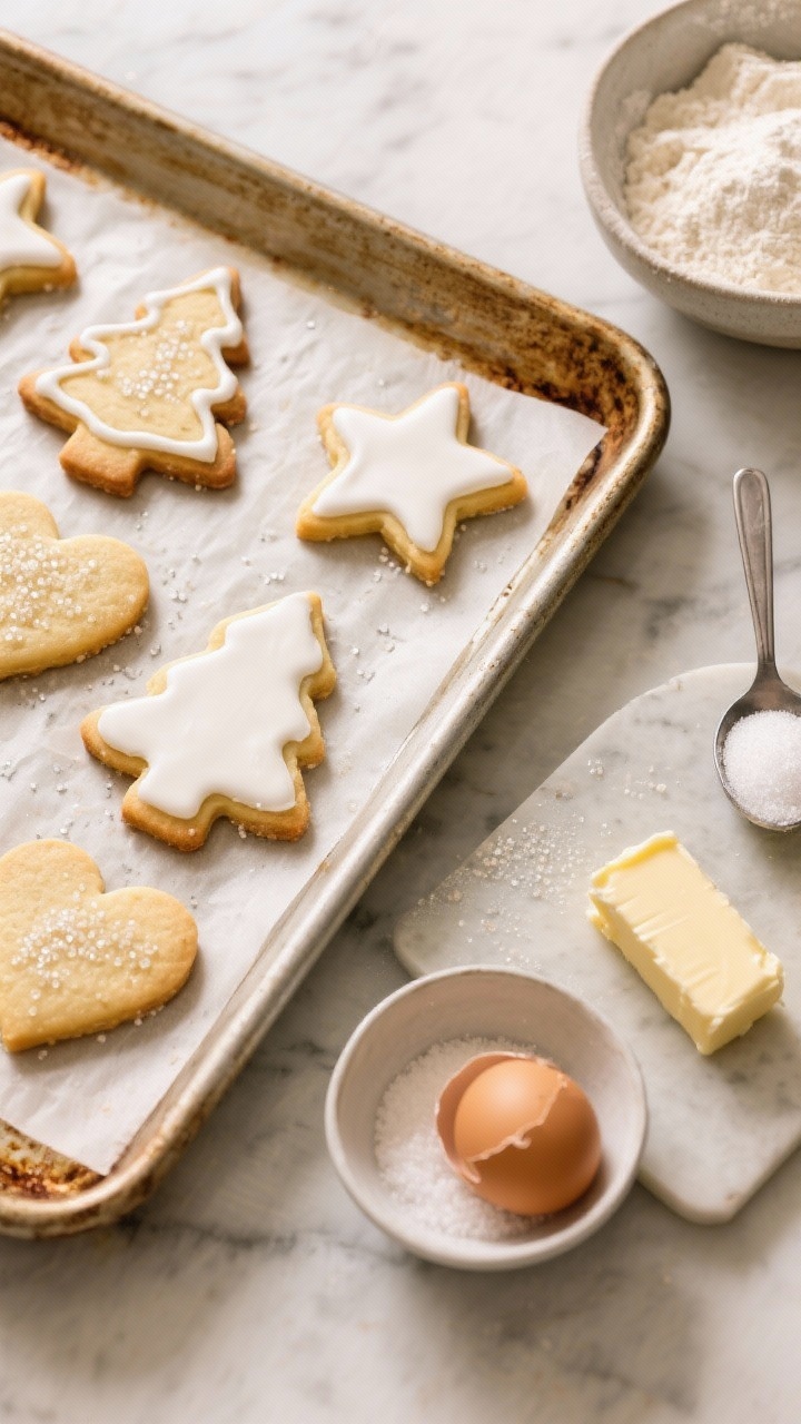 Overhead shot of Classic Vanilla Cut-Out sugar cookies fresh from the oven on a parchment-lined baking sheet, perfectly holding crisp edges of stars, trees, and hearts; visible coarse sugar sparkle on a few; nearby bowls show key ingredients: 2 3/4 cups all-purpose flour dusted on a marble surface, a stick of softened unsalted butter, granulated sugar, one cracked large egg, vanilla extract in a spoon, a pinch of baking powder and fine salt; warm neutral light, minimal rustic props, focus on golden, even bake and smooth royal-iced tops in soft white.