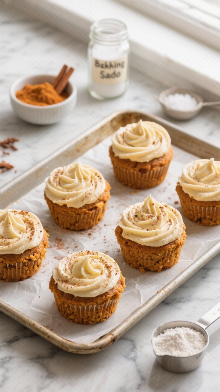 Overhead shot of cozy bakery-style pumpkin cupcakes with a visible tangy cream cheese swirl baked into the tops, arranged on a parchment-lined baking sheet on a marble surface. Ingredients subtly included in the scene: a small bowl of pumpkin pie spice, jars labeled baking powder and baking soda, a pinch dish of fine sea salt, and a measuring cup with all-purpose flour. Warm autumn tones, soft window light, slightly matte frosting swirl texture contrasted with tender, moist pumpkin crumb; sprinkle of cinnamon and nutmeg dusting for atmosphere, no people.
