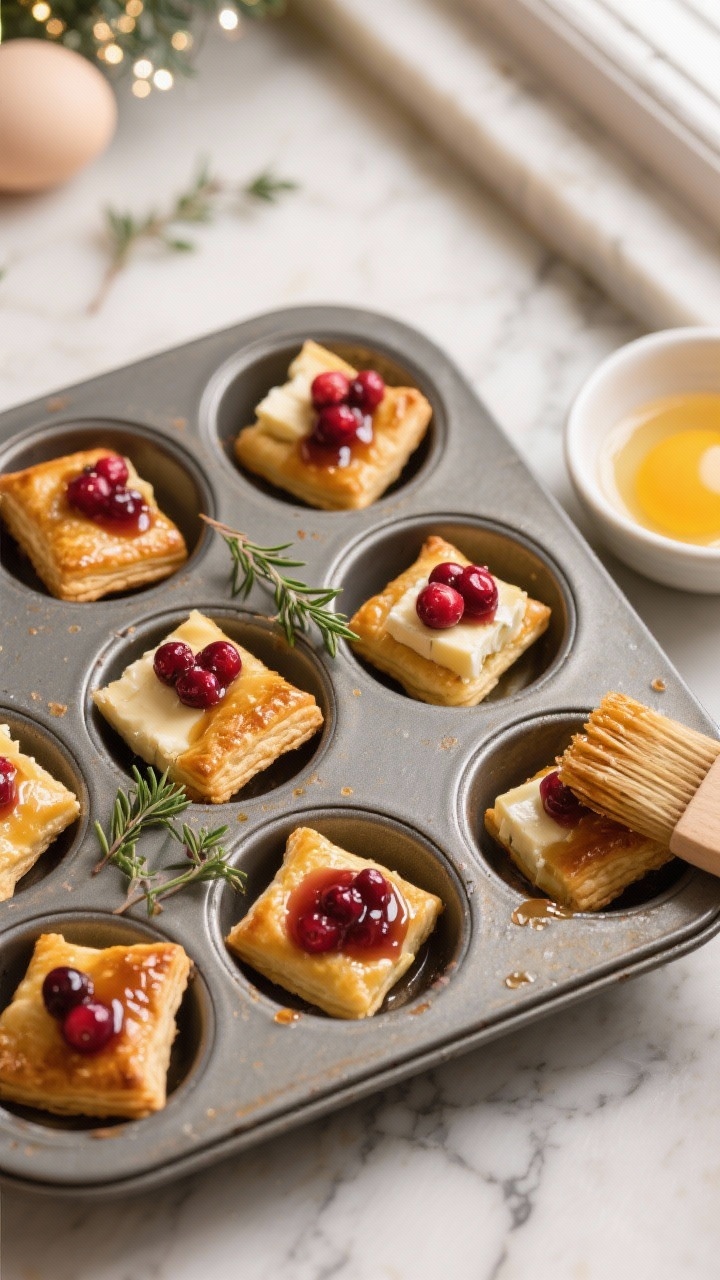 Overhead shot of Cranberry Brie Puff Bites fresh from the oven: golden, flaky puff pastry squares in a mini muffin tin with oozy brie cubes, dollops of whole-berry cranberry sauce, and a glistening honey-thyme drizzle; extra fresh thyme leaves sprinkled as garnish; an egg wash brush and small bowl of beaten egg nearby on a marble surface; warm, festive holiday mood with soft natural window light, high contrast, crisp detail
