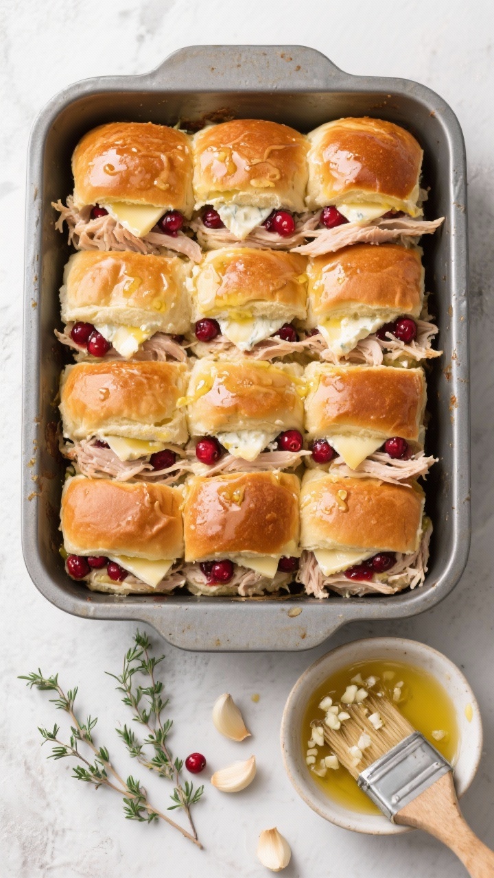 10 Easy Thanksgiving Leftover Recipes You Can Make in Under 20 Minutes—you’ll Crave These Overhead shot of cranberry brie turkey sliders in a baking dish: 12 pull-apart slider buns brushed with glistening garlic butter tops, inside layers of shredded turkey, creamy brie slices, and bright cranberry sauce peeking from the sides; a brush and bowl of melted butter with minced garlic nearby, a few fresh thyme leaves scattered.