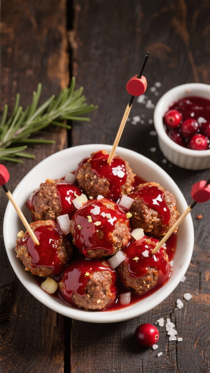 Overhead shot of cranberry-glazed cocktail meatballs in a glossy deep-red sauce, piled in a white shallow bowl with toothpicks, garnished with finely minced onion and flecks of garlic; visible texture of 85% lean ground beef and ground pork mix, tender crumbs from plain breadcrumbs, lacquered sheen from the glaze; small ramekin of extra cranberry glaze on the side, scattered kosher salt crystals, warm holiday mood on a dark wood surface with a sprig of rosemary for festive color; professional lighting emphasizing the sticky glaze and juicy interior.