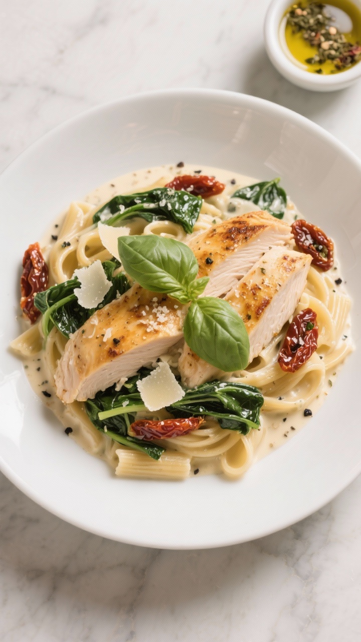 Overhead shot of Creamy Classic Tuscan Chicken Pasta just plated in a wide shallow white bowl: thinly sliced boneless skinless chicken breasts seared golden in olive oil, tossed with al dente pasta in a silky cream sauce, speckled with Italian seasoning, kosher salt, and black pepper; ribbons of sautéed spinach and sun-dried tomatoes folded through; finished with a glossy sheen, grated Parmesan, and a few torn basil leaves. Set on a light marble surface with a small bowl of Italian seasoning and a drizzle of olive oil nearby. Soft, date-night mood, warm highlights, no people.
