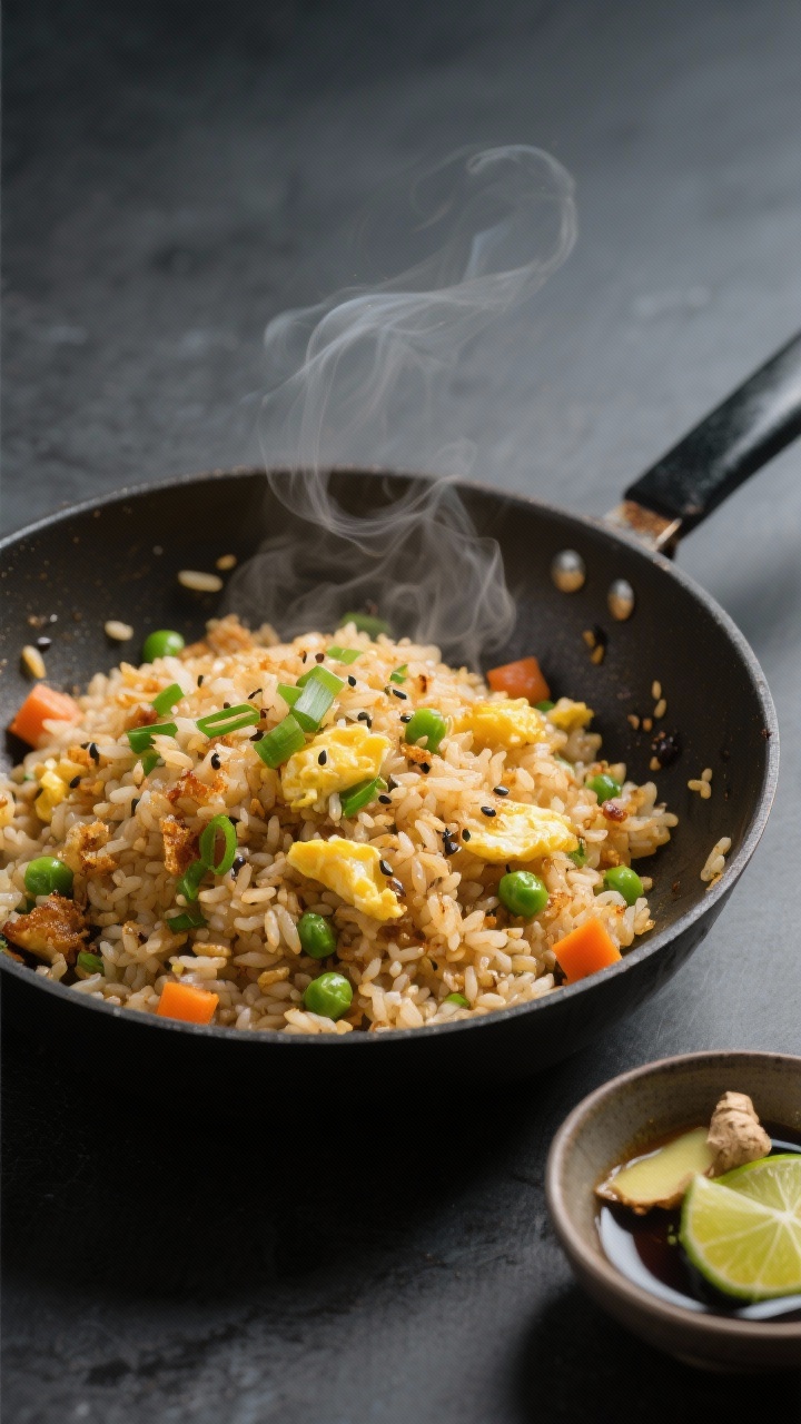 Transform Leftovers Into Gourmet Meals: Best Recipes to Try Tonight Overhead shot of crispy fried rice “upgrade” in a wide carbon steel skillet: day-old cold rice sizzling with finely chopped ginger and scallions, golden-crisp edges, soy-sesame sheen, flecks of scrambled egg, peas, and carrot dice; a small bowl of ginger-scallion sauce and lime wedges on the side; steam visible, high contrast light on a dark matte surface, minimalist styling, no hands.