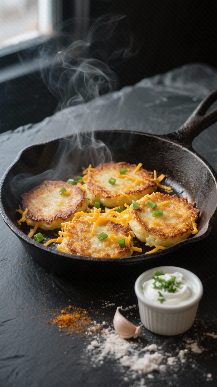 Overhead shot of crispy mashed potato pancakes sizzling in a cast-iron skillet, golden-brown edges with visible shredded sharp cheddar and flecks of finely chopped scallions; a small ramekin of herby sour cream (sour cream mixed with chopped scallions and herbs) on the side, light sprinkle of garlic powder and extra flour dust on a dark slate surface, steam rising, moody natural window light, no people.