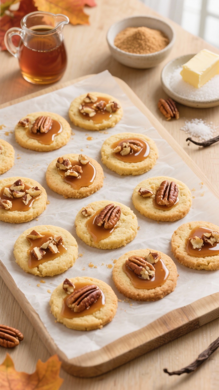 Overhead shot of Double Maple Pecan Shortbread Coins cooling on a parchment-lined sheet: golden, round shortbread “coins” studded with chopped pecans, brushed with a glossy brown sugar–maple glaze that pools slightly in the crevices; visible ingredients styled around the scene include a small pitcher of pure maple syrup, a bowl of light brown sugar, a dish of granulated sugar, a stick of softened unsalted butter, vanilla extract, and a pinch dish of fine sea salt; warm, fall-toned props on a light wood surface, crisp shortbread crumb texture highlighted, natural window light from the side for gentle shadows.
