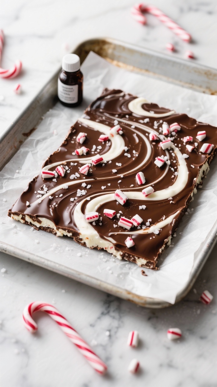 Overhead shot of freshly made peppermint bark on a parchment-lined baking sheet: glossy layer of melted semisweet chocolate swirled with white chocolate, delicate sprinkle of crushed peppermint candies, tiny pinch of sea salt crystals catching the light; cool winter styling on a marble surface with a small bottle of peppermint extract and extra candy canes scattered, crisp, high-contrast lighting.