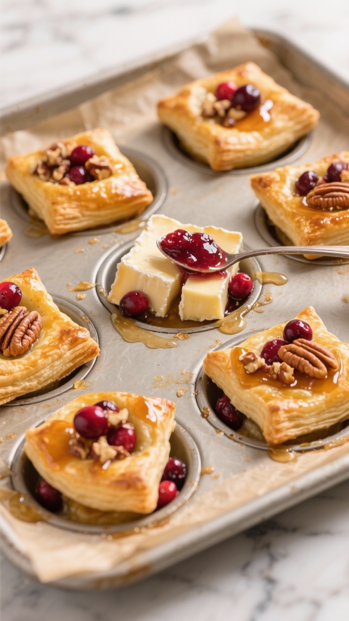 Overhead shot of golden cranberry brie puff bites fresh from the oven: flaky puff pastry squares nestled in a mini-muffin tin, each filled with a gooey cube of rind-on brie, a jewel-like spoonful of whole cranberry sauce, and a sprinkle of chopped toasted pecans; a fine drizzle of glistening hot honey over the tops; warm, festive mood on a parchment-lined sheet pan over a marble surface, shallow depth of field highlighting glossy cranberries and melty cheese.