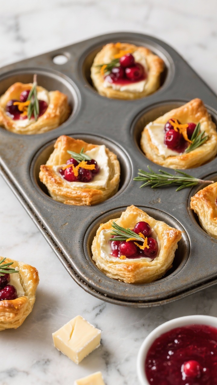 Overhead shot of golden cranberry-brie puff pastry bites in a mini muffin tin just out of the oven, puffed layers flaking, brie oozing slightly, topped with jewel-like whole-berry cranberry sauce and a sprinkle of orange zest and chopped rosemary; egg-washed shine visible, spare cubes of brie and a small bowl of cranberry sauce nearby on a cool marble surface, holiday-cozy mood, crisp lighting, no people.